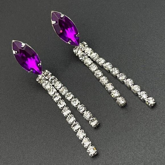 Silver with Purple Amethyst and White Diamond Crystal Dangling Post Earrings - Picture 1 of 10